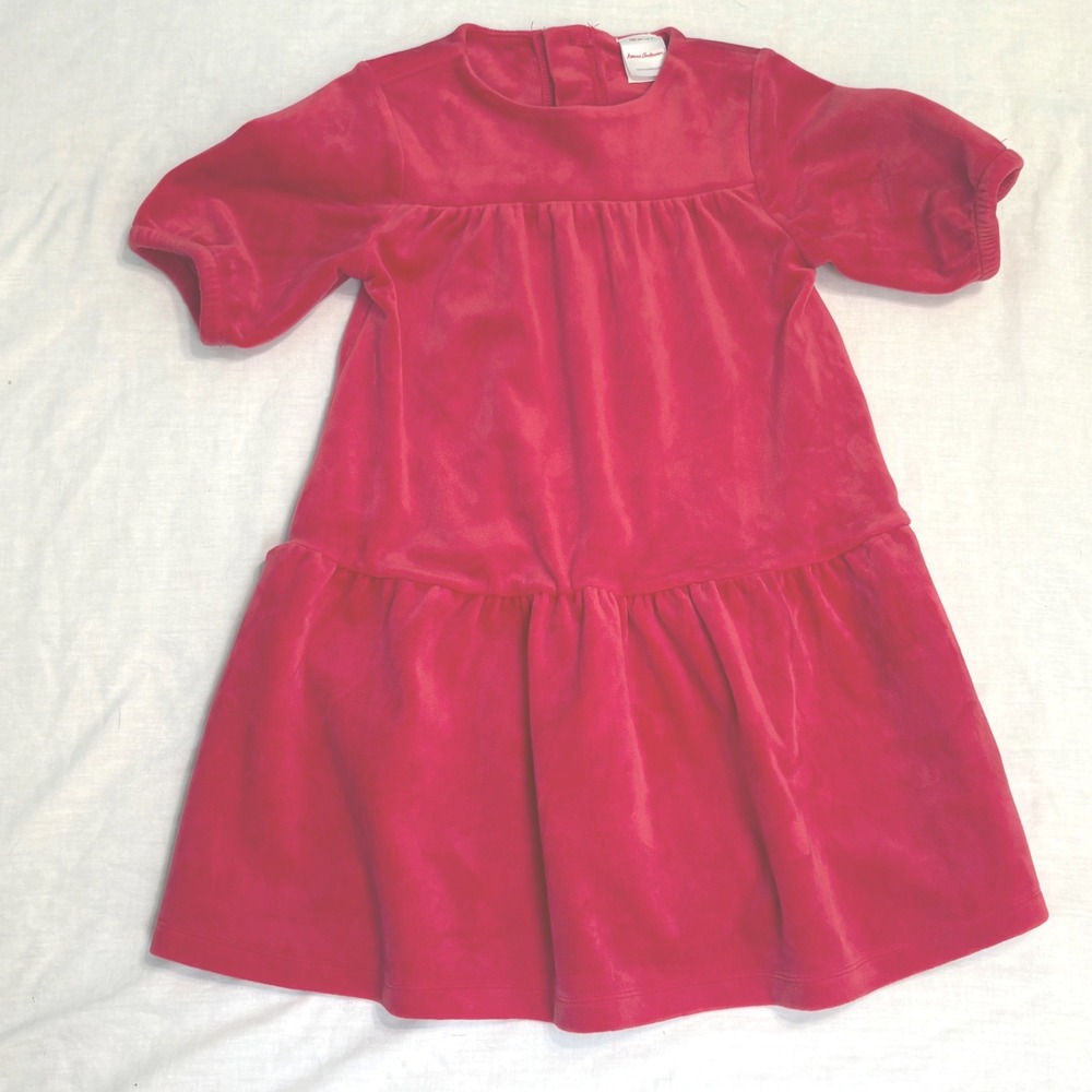 Hanna Andersson Dress Girls Size 4 Red Velvet Tiered Short Sleeve Holiday Velour